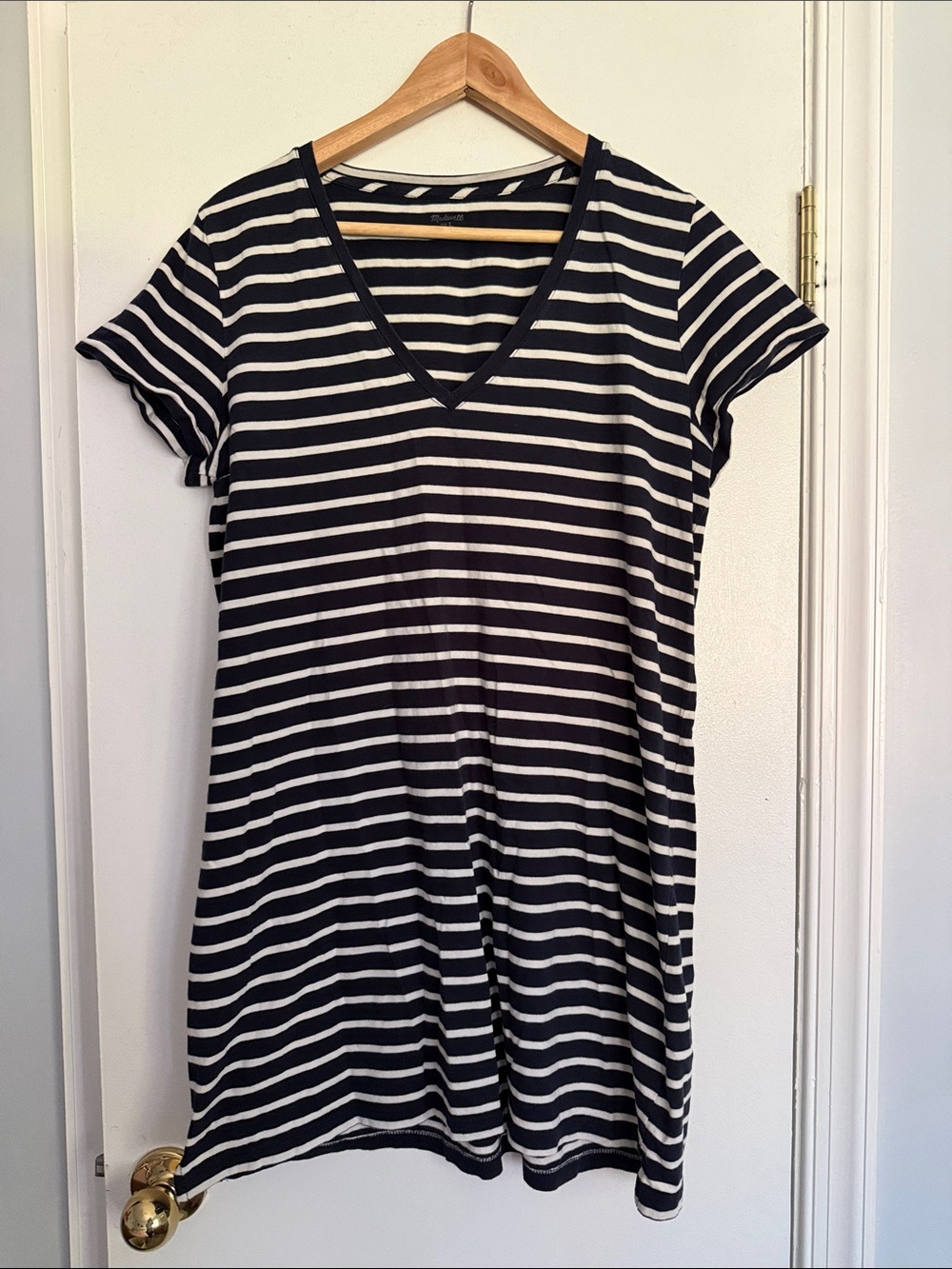 Madewell Navy and White V neck Striped Shift Dress